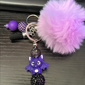 Purple Bat Keychain with Fluffy Pom Pom